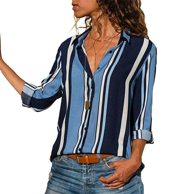 2021 New Print Women Blouses Long Sleeve Turn-down Collar Chiffon Blouse Sizes S - 3XL