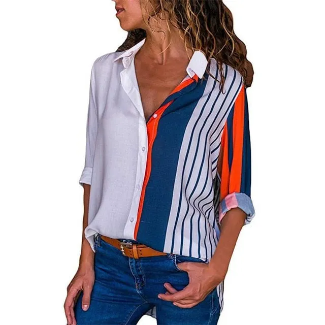 2021 New Print Women Blouses Long Sleeve Turn-down Collar Chiffon Blouse Sizes S - 3XL