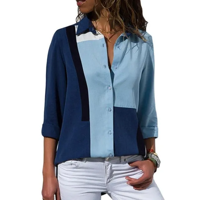 2021 New Print Women Blouses Long Sleeve Turn-down Collar Chiffon Blouse Sizes S - 3XL