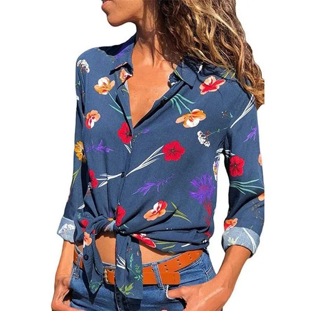 2021 New Print Women Blouses Long Sleeve Turn-down Collar Chiffon Blouse Sizes S - 3XL