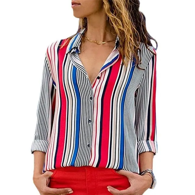 2021 New Print Women Blouses Long Sleeve Turn-down Collar Chiffon Blouse Sizes S - 3XL