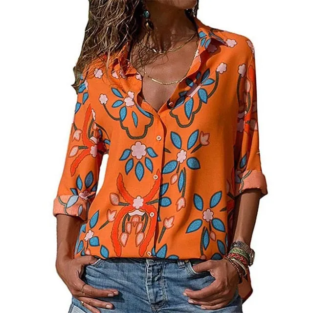 2021 New Print Women Blouses Long Sleeve Turn-down Collar Chiffon Blouse Sizes S - 3XL