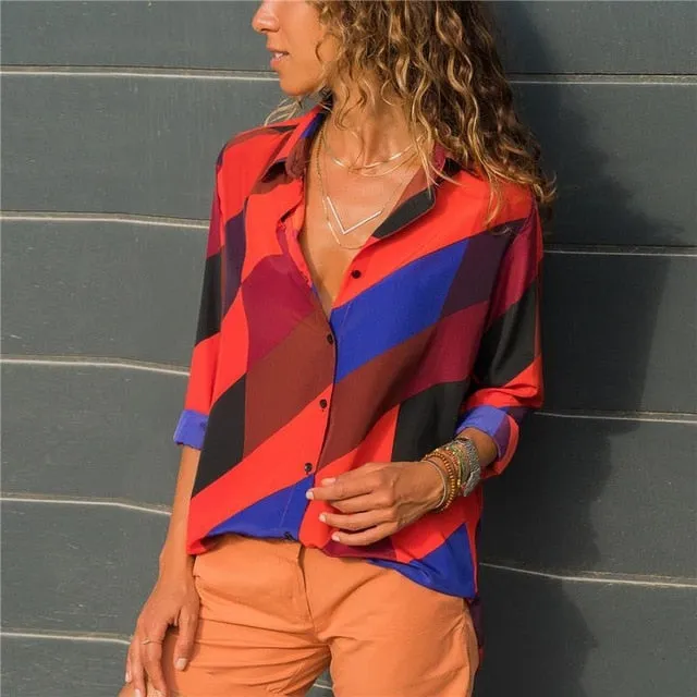 2021 New Print Women Blouses Long Sleeve Turn-down Collar Chiffon Blouse Sizes S - 3XL