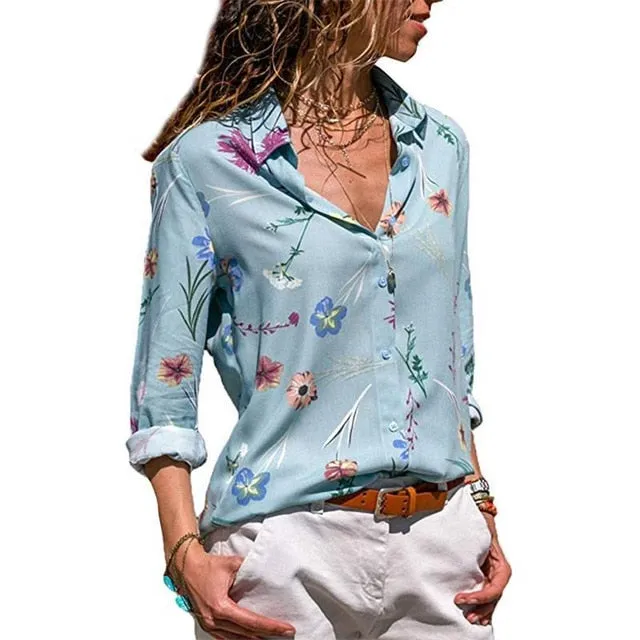 2021 New Print Women Blouses Long Sleeve Turn-down Collar Chiffon Blouse Sizes S - 3XL