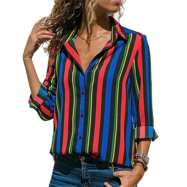 2021 New Print Women Blouses Long Sleeve Turn-down Collar Chiffon Blouse Sizes S - 3XL