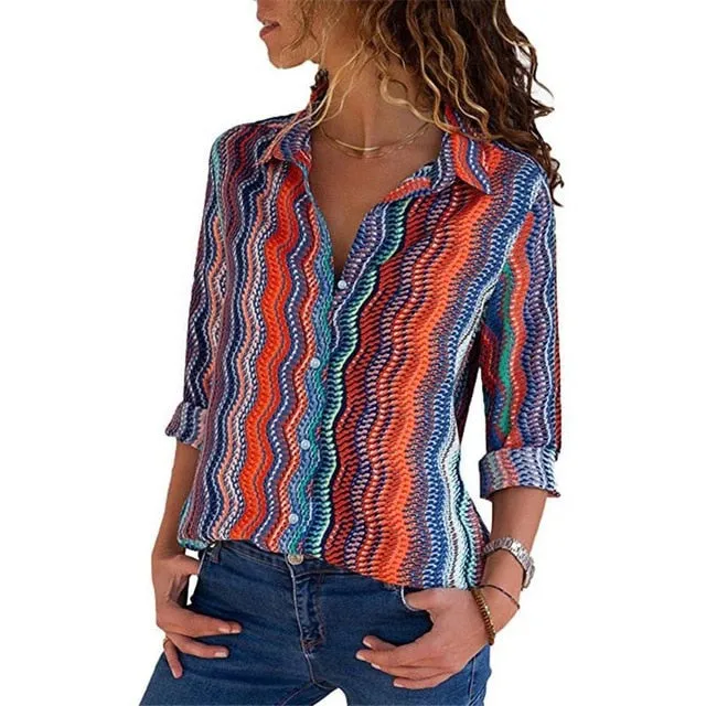 2021 New Print Women Blouses Long Sleeve Turn-down Collar Chiffon Blouse Sizes S - 3XL