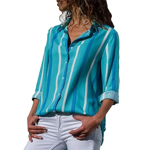 2021 New Print Women Blouses Long Sleeve Turn-down Collar Chiffon Blouse Sizes S - 3XL