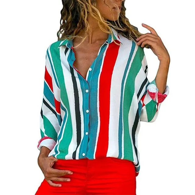 2021 New Print Women Blouses Long Sleeve Turn-down Collar Chiffon Blouse Sizes S - 3XL