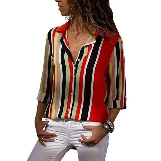 2021 New Print Women Blouses Long Sleeve Turn-down Collar Chiffon Blouse Sizes S - 3XL