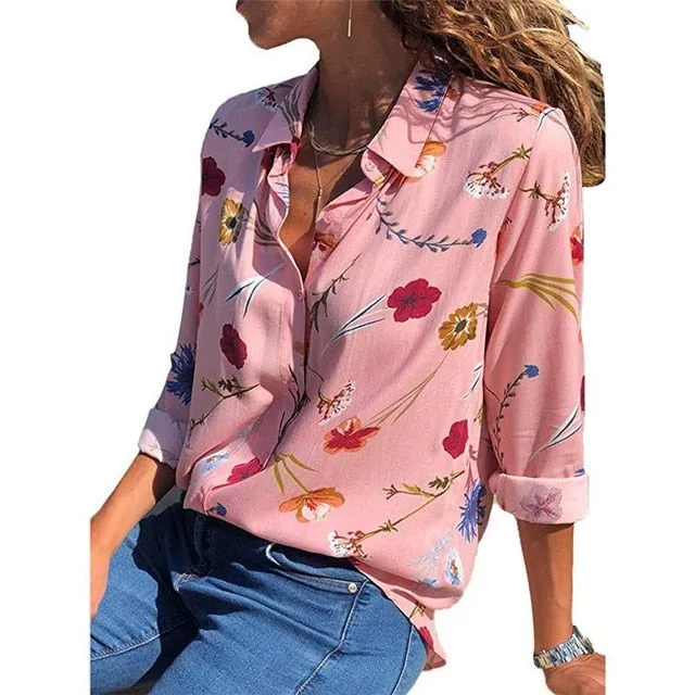 2021 New Print Women Blouses Long Sleeve Turn-down Collar Chiffon Blouse Sizes S - 3XL