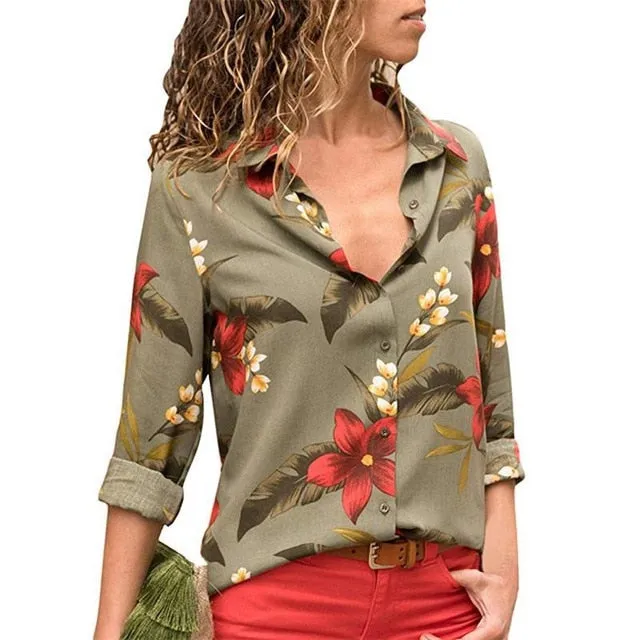 2021 New Print Women Blouses Long Sleeve Turn-down Collar Chiffon Blouse Sizes S - 3XL
