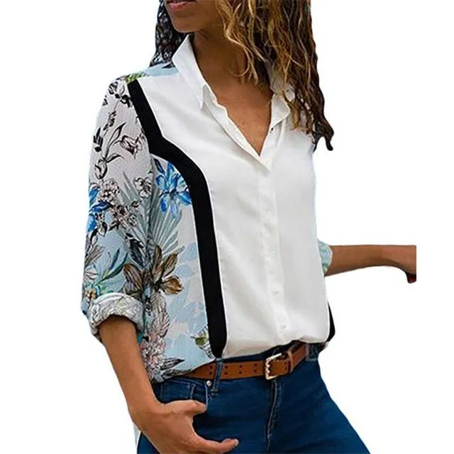 2021 New Print Women Blouses Long Sleeve Turn-down Collar Chiffon Blouse Sizes S - 3XL