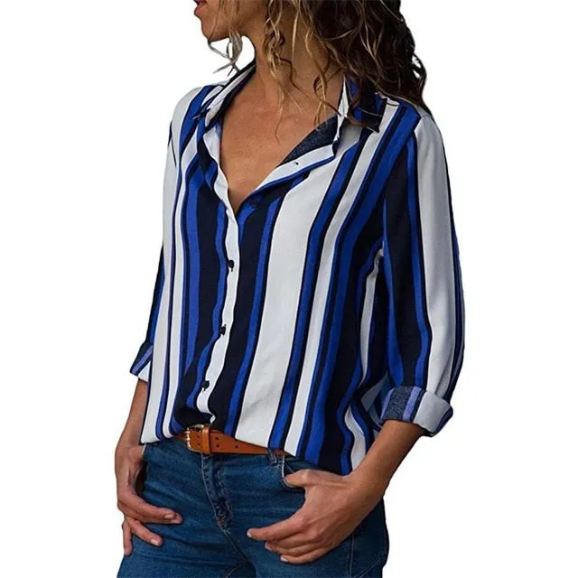 2021 New Print Women Blouses Long Sleeve Turn-down Collar Chiffon Blouse Sizes S - 3XL