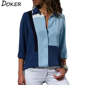 2021 New Print Women Blouses Long Sleeve Turn-down Collar Chiffon Blouse Sizes S - 3XL