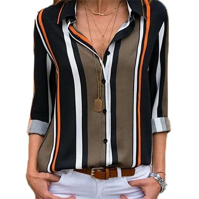 2021 New Print Women Blouses Long Sleeve Turn-down Collar Chiffon Blouse Sizes S - 3XL