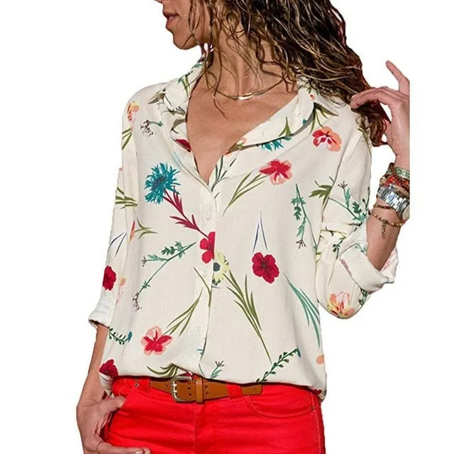 2021 New Print Women Blouses Long Sleeve Turn-down Collar Chiffon Blouse Sizes S - 3XL