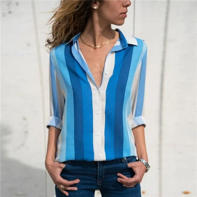 2021 New Print Women Blouses Long Sleeve Turn-down Collar Chiffon Blouse Sizes S - 3XL