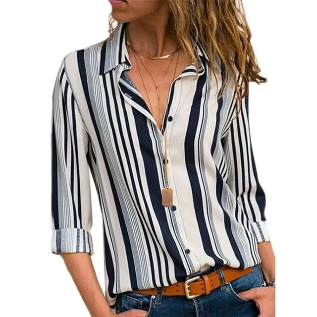2021 New Print Women Blouses Long Sleeve Turn-down Collar Chiffon Blouse Sizes S - 3XL