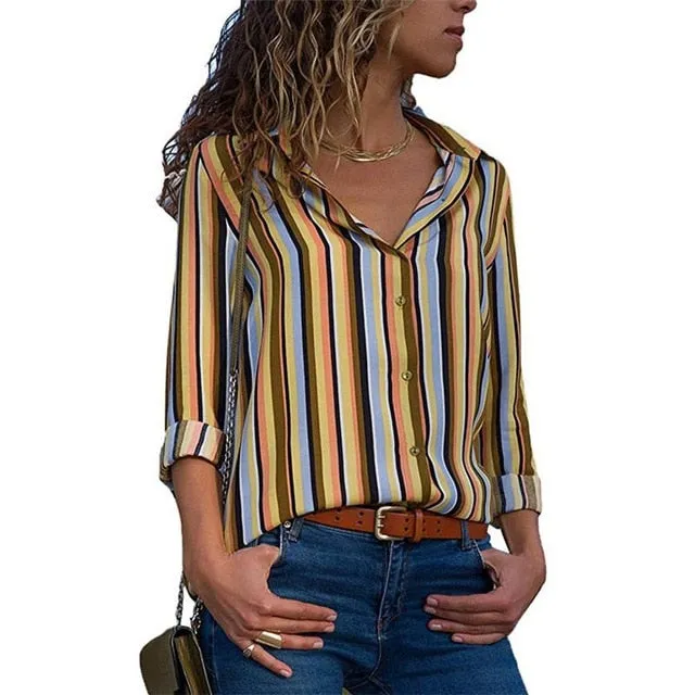 2021 New Print Women Blouses Long Sleeve Turn-down Collar Chiffon Blouse Sizes S - 3XL