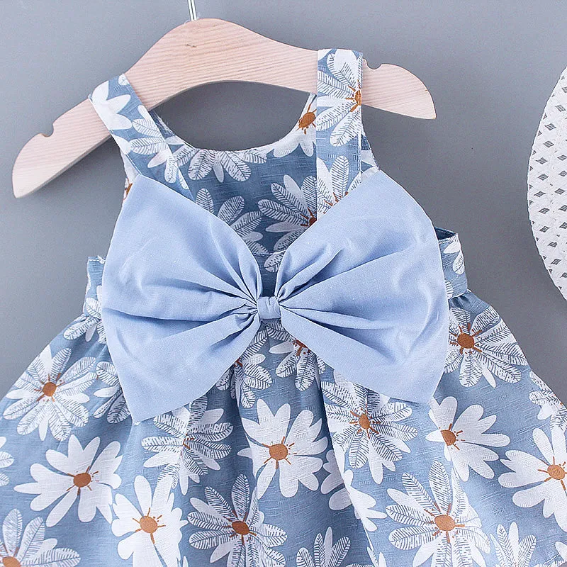 2pcs Baby Girl All Over Daisy Floral Print Bowknot Sleeveless Tank Dress with Hat Set