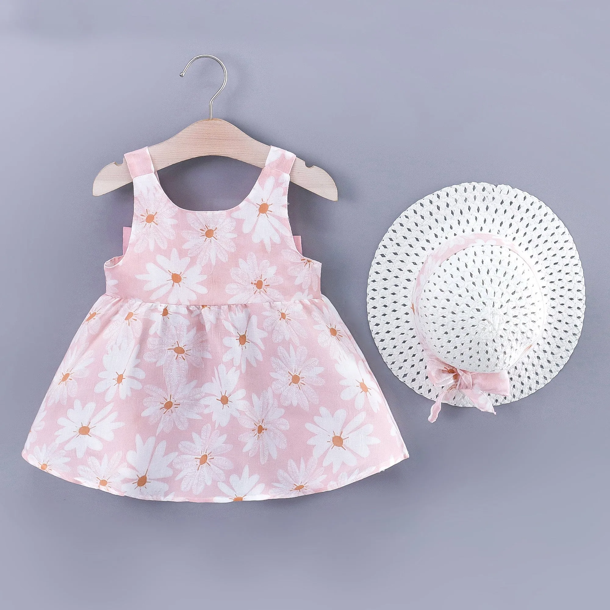 2pcs Baby Girl All Over Daisy Floral Print Bowknot Sleeveless Tank Dress with Hat Set