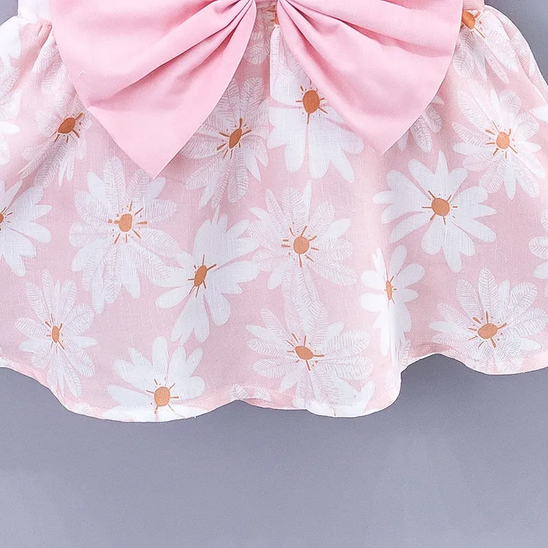 2pcs Baby Girl All Over Daisy Floral Print Bowknot Sleeveless Tank Dress with Hat Set