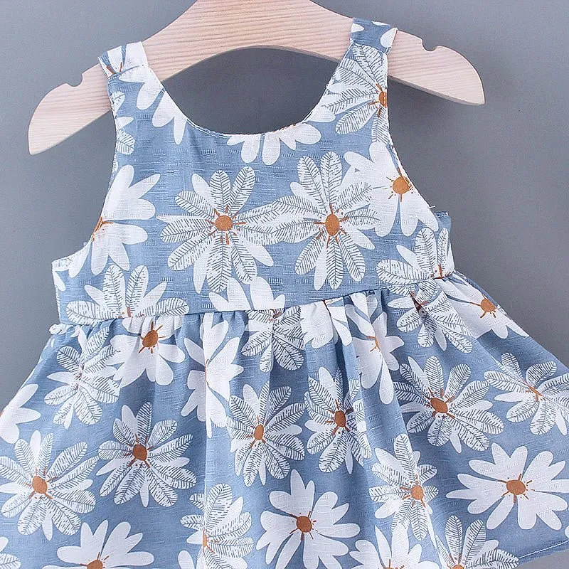 2pcs Baby Girl All Over Daisy Floral Print Bowknot Sleeveless Tank Dress with Hat Set