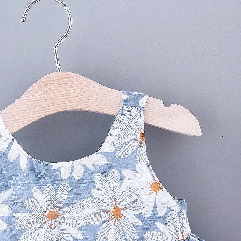 2pcs Baby Girl All Over Daisy Floral Print Bowknot Sleeveless Tank Dress with Hat Set