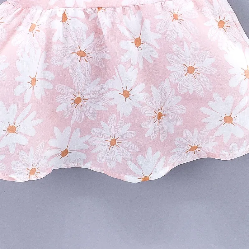 2pcs Baby Girl All Over Daisy Floral Print Bowknot Sleeveless Tank Dress with Hat Set