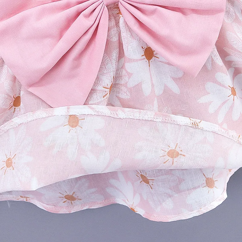 2pcs Baby Girl All Over Daisy Floral Print Bowknot Sleeveless Tank Dress with Hat Set