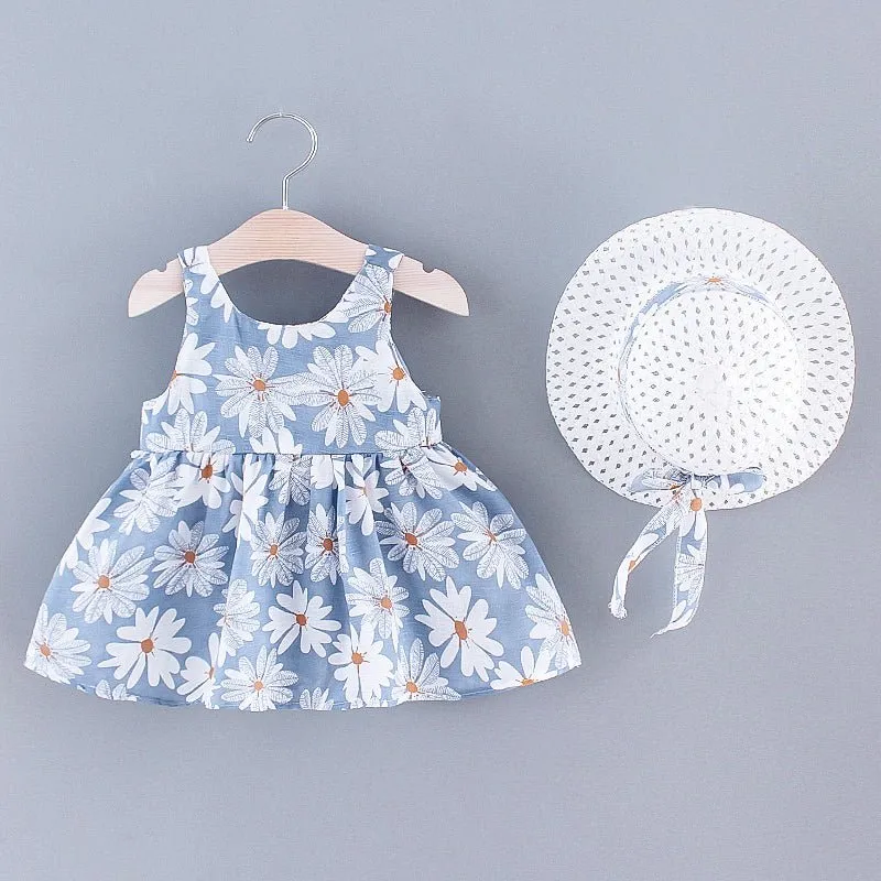 2pcs Baby Girl All Over Daisy Floral Print Bowknot Sleeveless Tank Dress with Hat Set