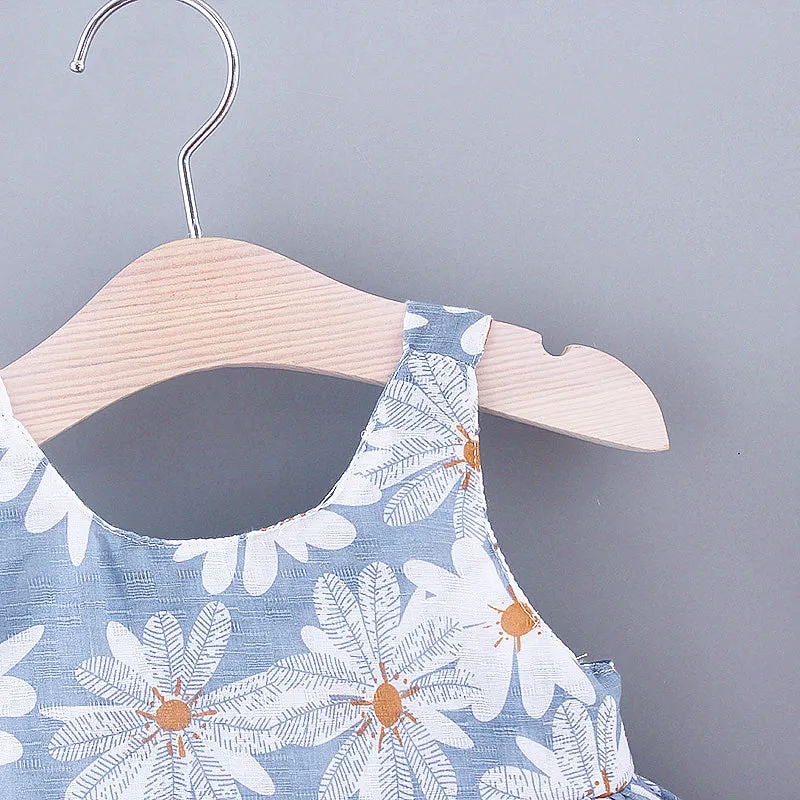 2pcs Baby Girl All Over Daisy Floral Print Bowknot Sleeveless Tank Dress with Hat Set