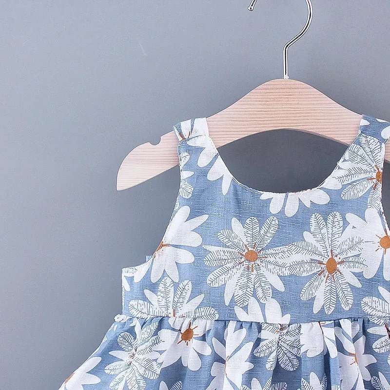2pcs Baby Girl All Over Daisy Floral Print Bowknot Sleeveless Tank Dress with Hat Set