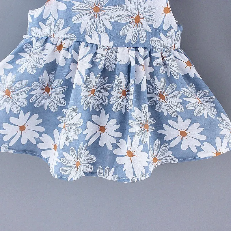 2pcs Baby Girl All Over Daisy Floral Print Bowknot Sleeveless Tank Dress with Hat Set