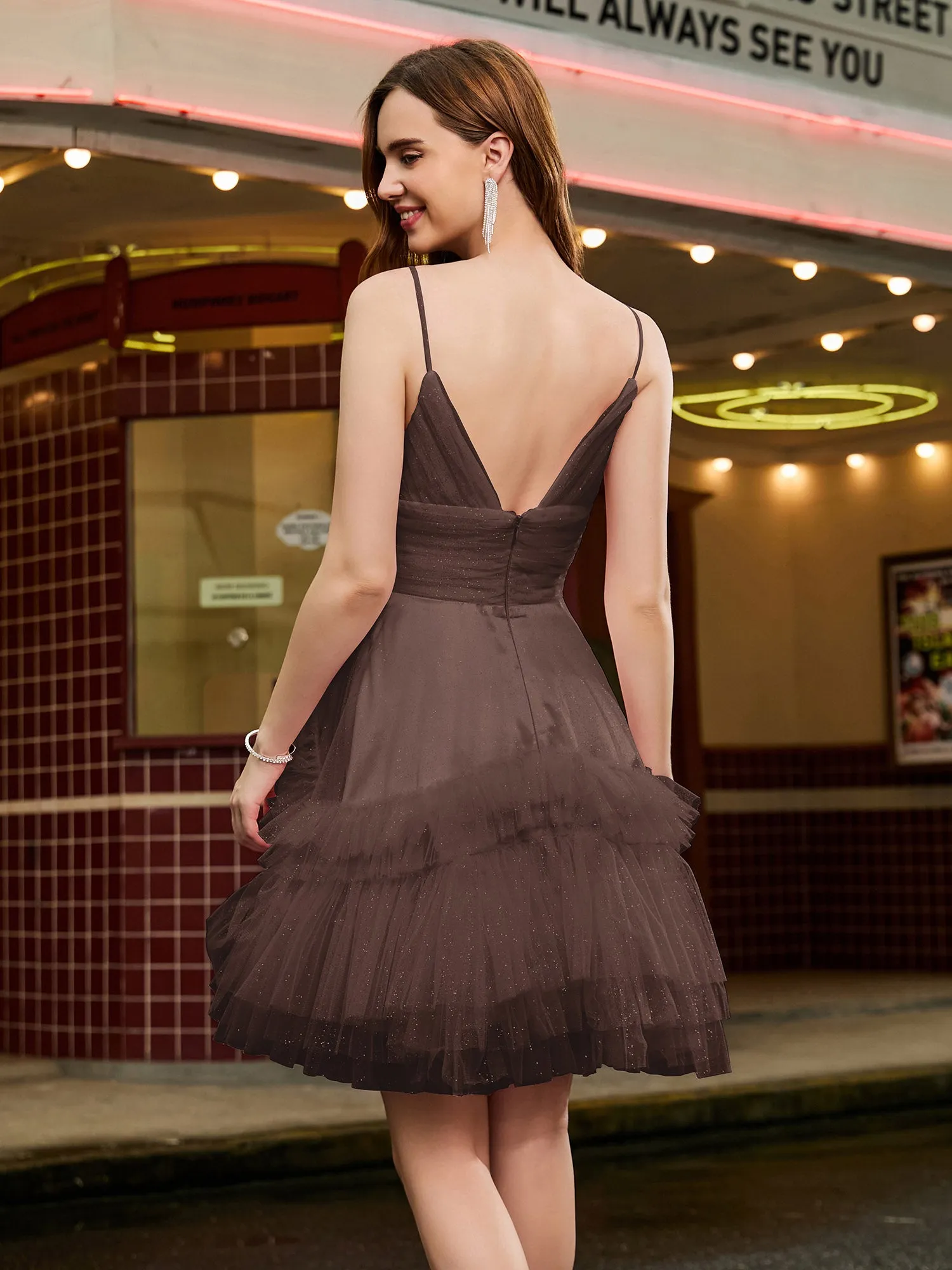 A-line Tulle Tiered Stitching Glitter Short Dress Chocolate