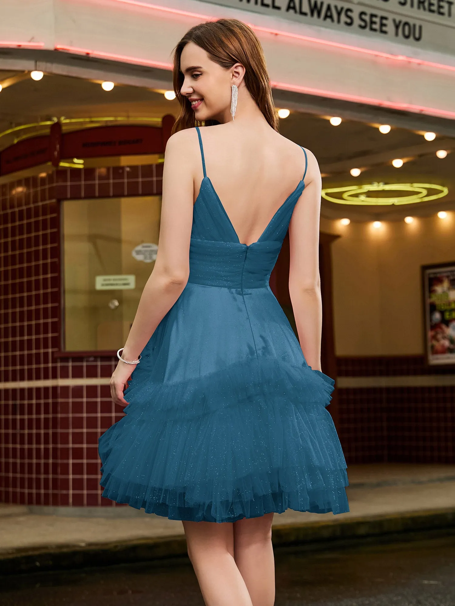 A-line Tulle Tiered Stitching Glitter Short Dress Ink Blue