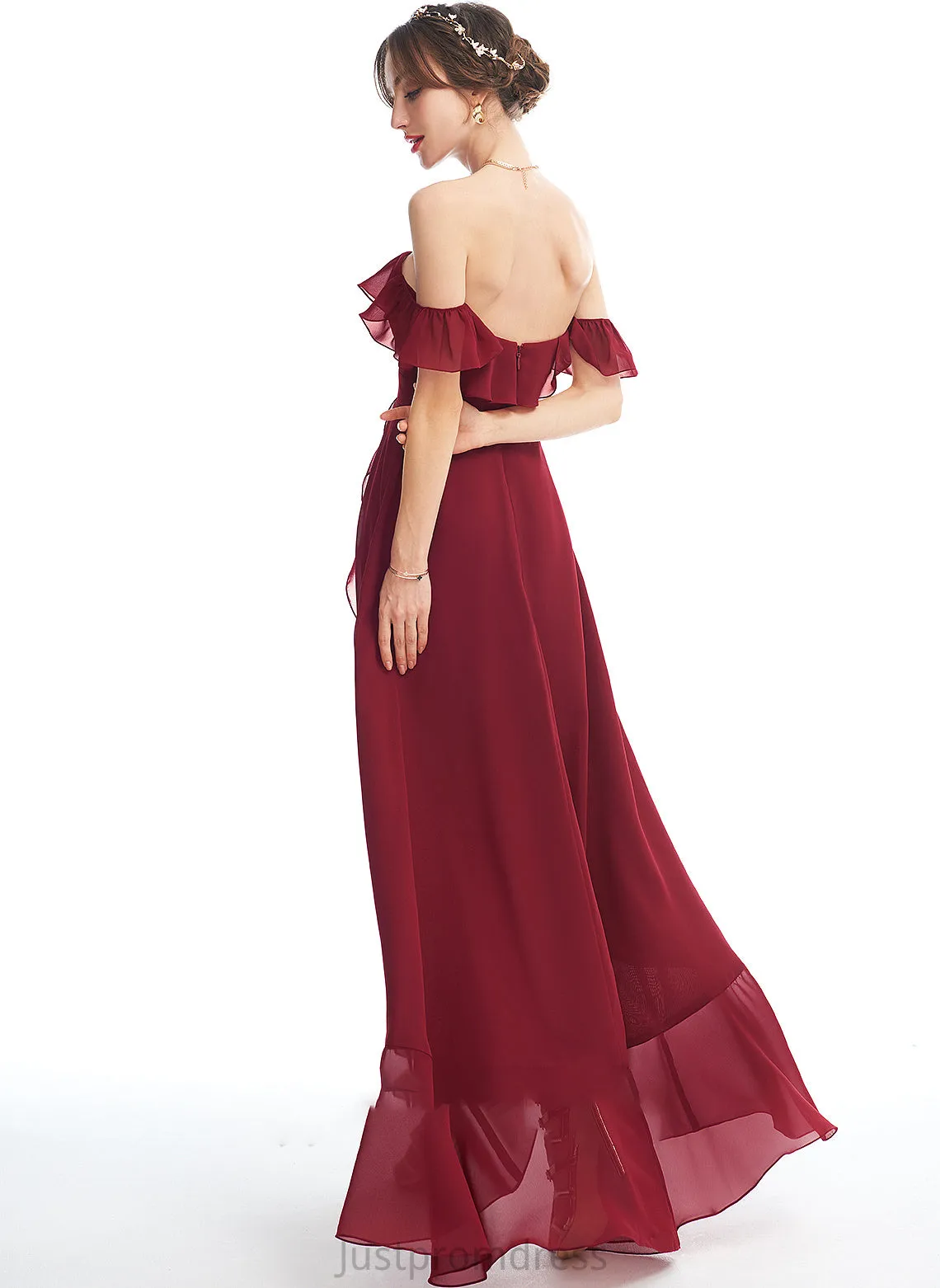 Asymmetrical Ruffle Neckline SplitFront Off-the-Shoulder A-Line Embellishment Silhouette Length Fabric Lilia Natural Waist Bridesmaid Dresses