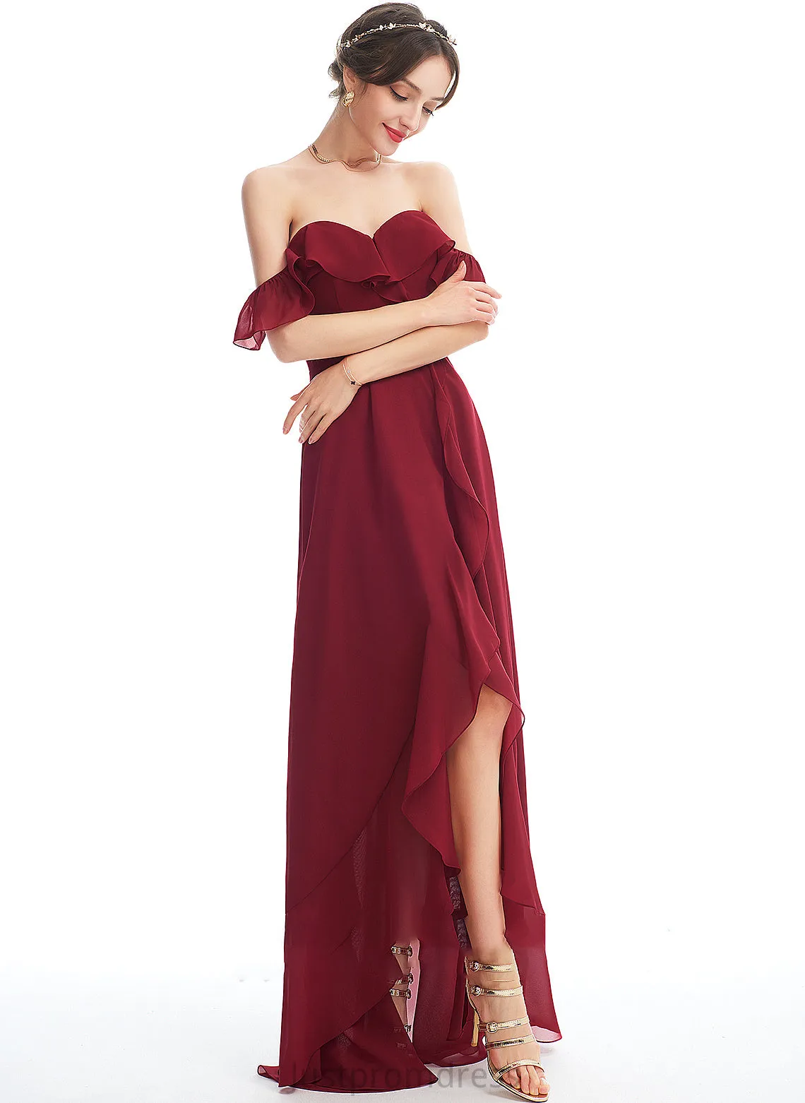 Asymmetrical Ruffle Neckline SplitFront Off-the-Shoulder A-Line Embellishment Silhouette Length Fabric Lilia Natural Waist Bridesmaid Dresses