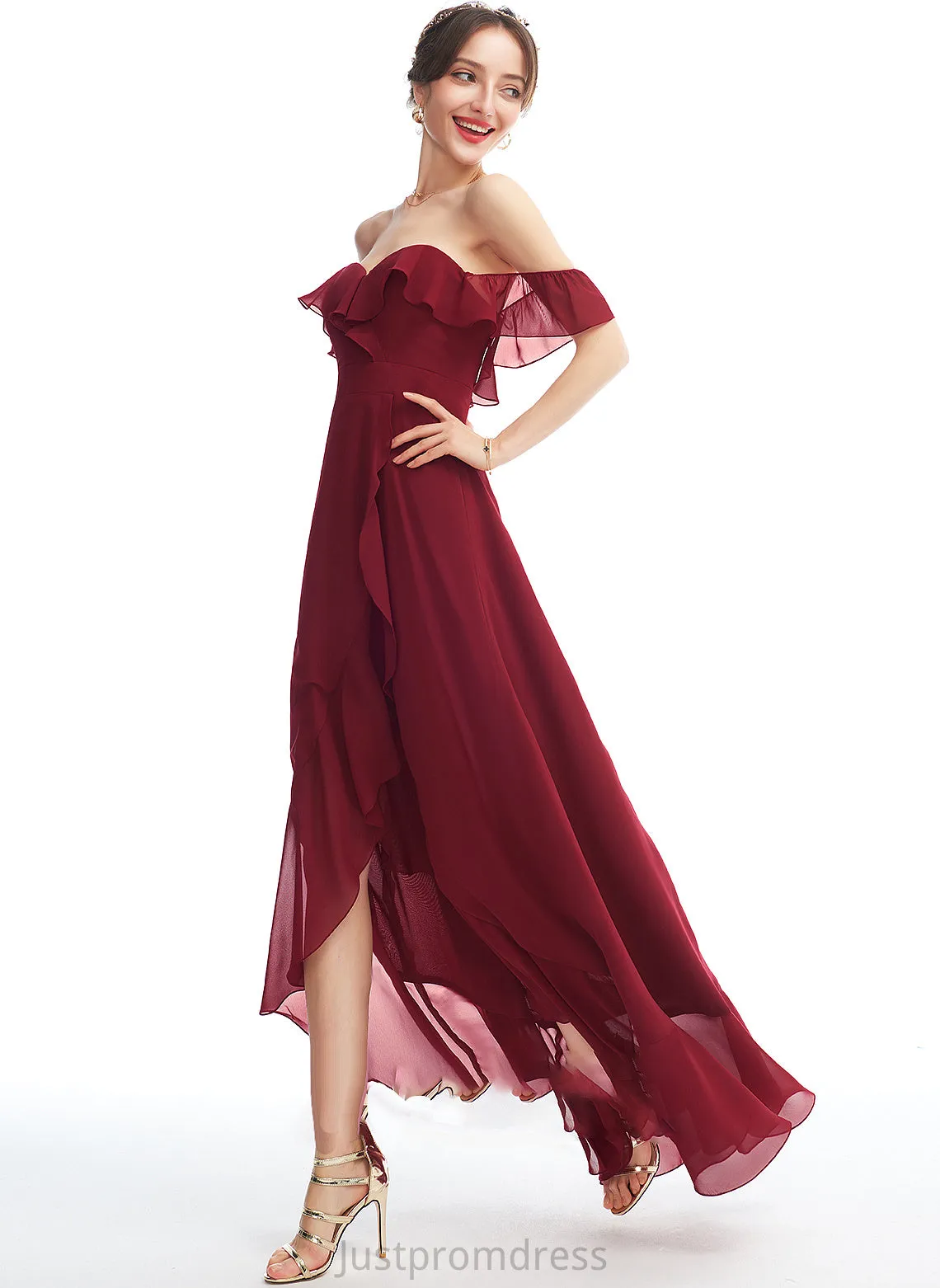 Asymmetrical Ruffle Neckline SplitFront Off-the-Shoulder A-Line Embellishment Silhouette Length Fabric Lilia Natural Waist Bridesmaid Dresses