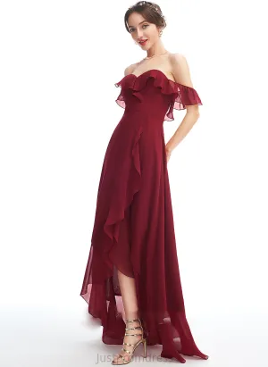 Asymmetrical Ruffle Neckline SplitFront Off-the-Shoulder A-Line Embellishment Silhouette Length Fabric Lilia Natural Waist Bridesmaid Dresses