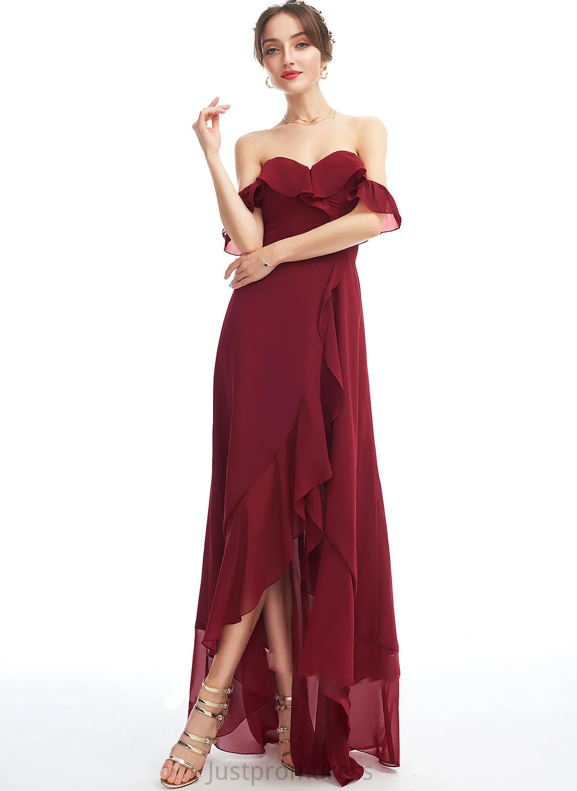 Asymmetrical Ruffle Neckline SplitFront Off-the-Shoulder A-Line Embellishment Silhouette Length Fabric Lilia Natural Waist Bridesmaid Dresses