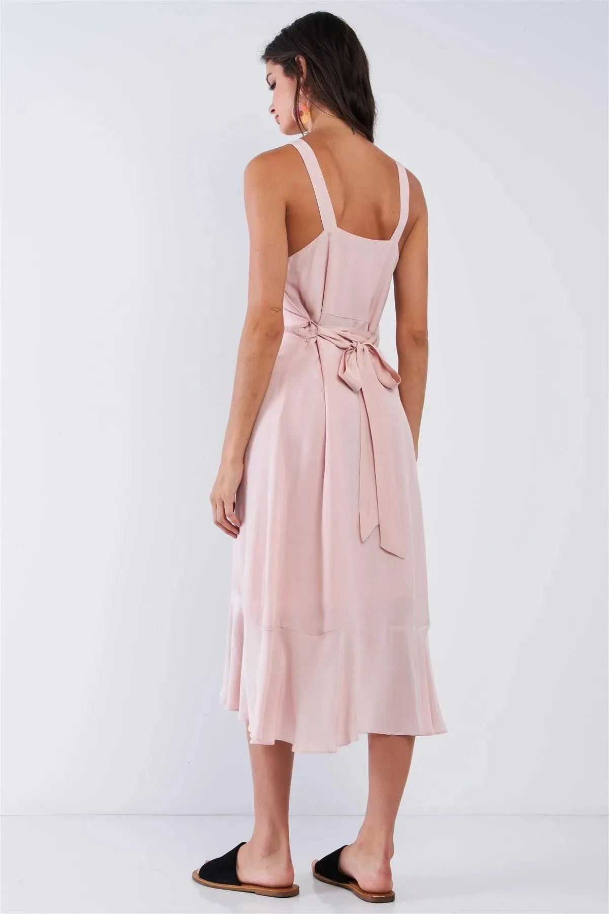 Blush Pink Sleeveless Square Neck Flow Hem Waist Self Tie Midi Dress /1-2-2