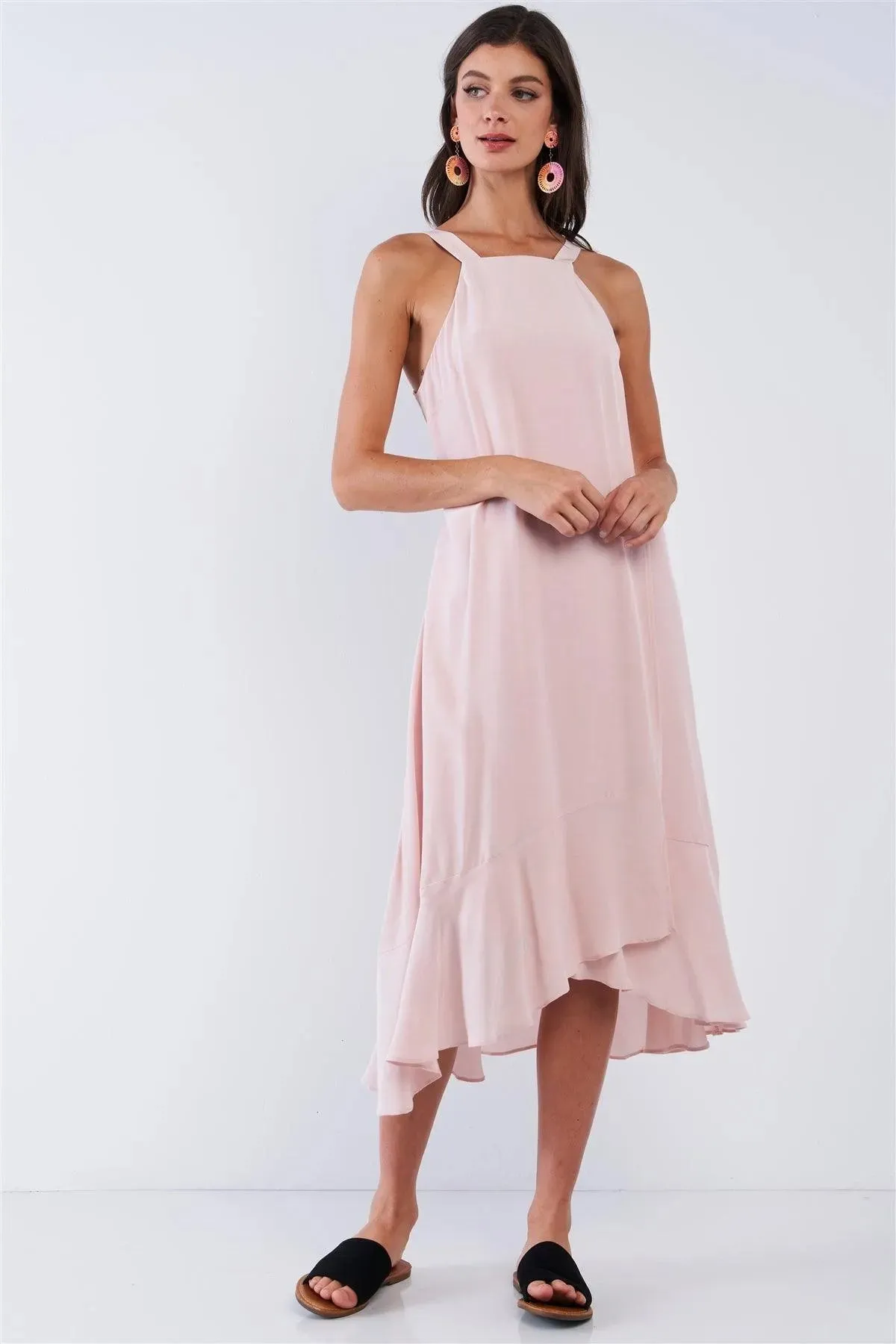 Blush Pink Sleeveless Square Neck Flow Hem Waist Self Tie Midi Dress /1-2-2
