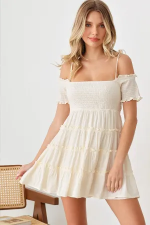 Boho Smocked Cold-Shoulder Tie-Strap Mini Dress