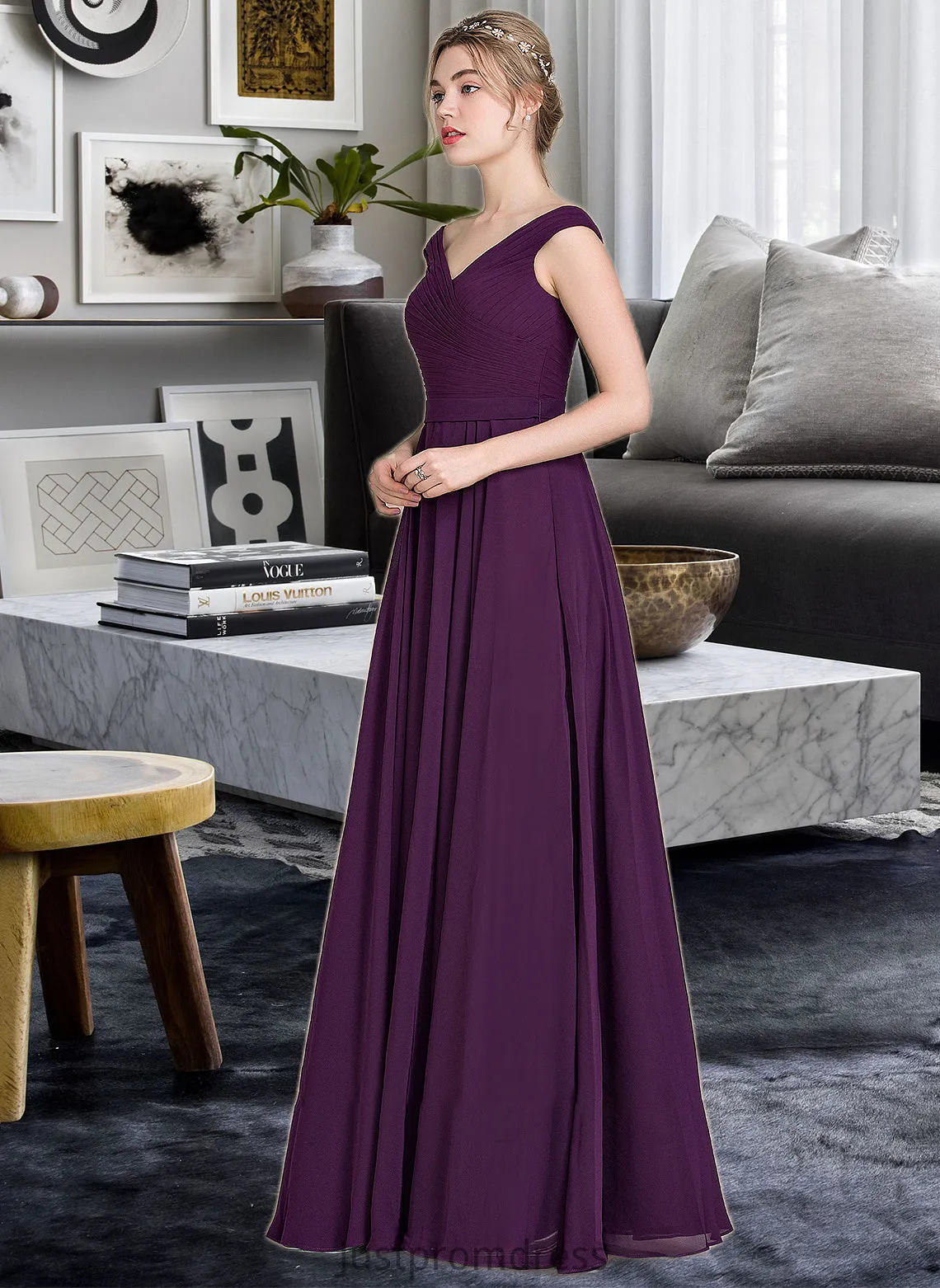 Catherine A-line Off the Shoulder Floor-Length Chiffon Bridesmaid Dress With Ruffle HHP0013029