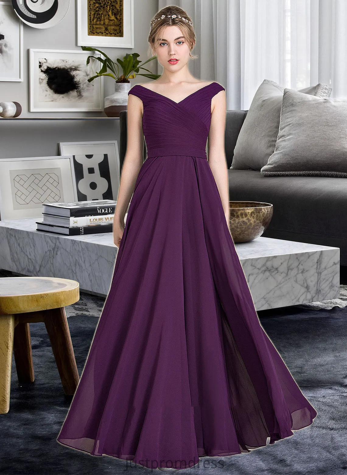 Catherine A-line Off the Shoulder Floor-Length Chiffon Bridesmaid Dress With Ruffle HHP0013029