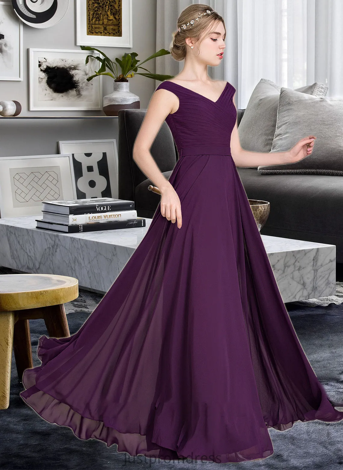 Catherine A-line Off the Shoulder Floor-Length Chiffon Bridesmaid Dress With Ruffle HHP0013029