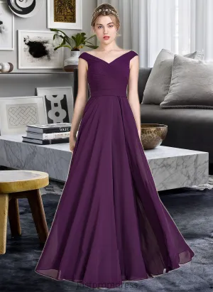 Catherine A-line Off the Shoulder Floor-Length Chiffon Bridesmaid Dress With Ruffle HHP0013029