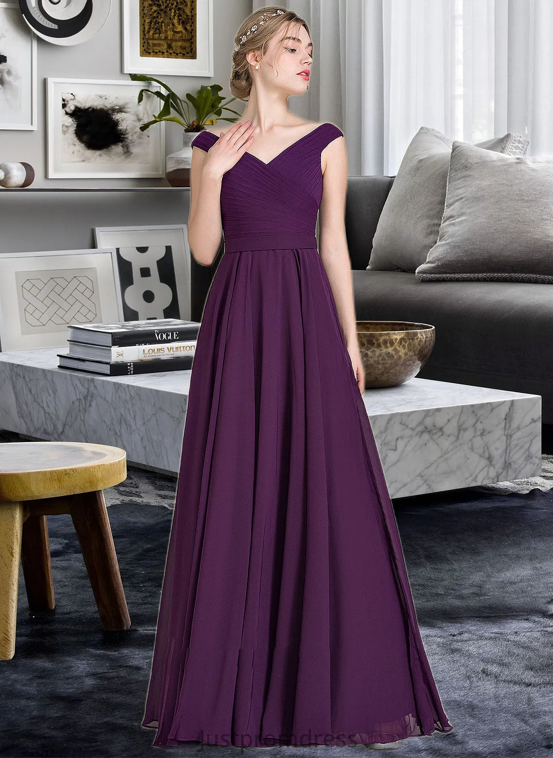 Catherine A-line Off the Shoulder Floor-Length Chiffon Bridesmaid Dress With Ruffle HHP0013029
