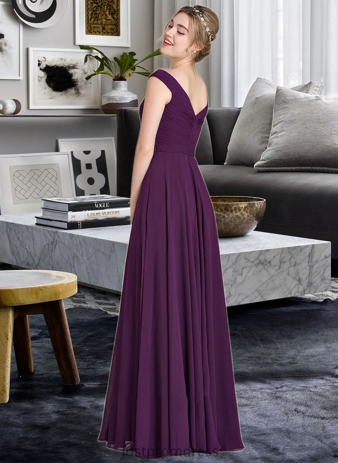 Catherine A-line Off the Shoulder Floor-Length Chiffon Bridesmaid Dress With Ruffle HHP0013029